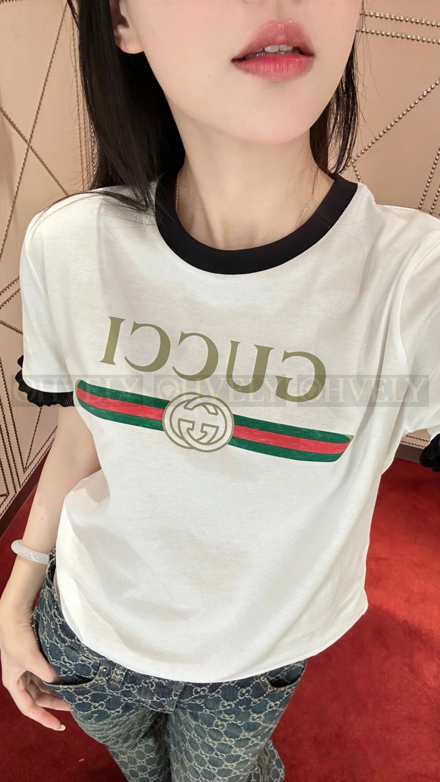 【 ZP버전 】 GUCCI 구찌 26SS 클래식 웹 스트라이프 자수 반팔 티셔츠 상품 썸네일