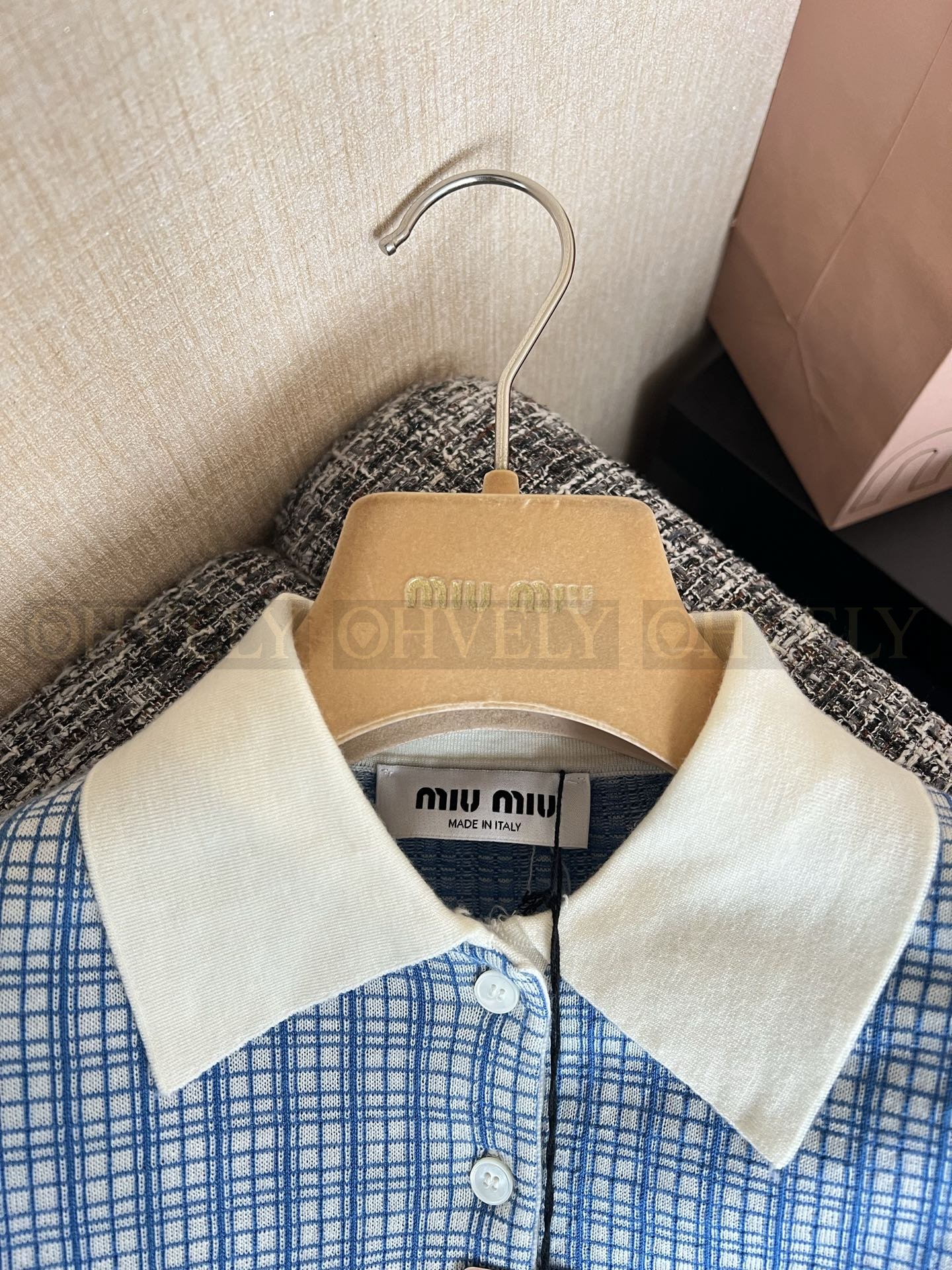 【 ZP버전 】미우미우 캐시미어 및 실크 깅엄 체크 폴로 셔츠 상품 썸네일