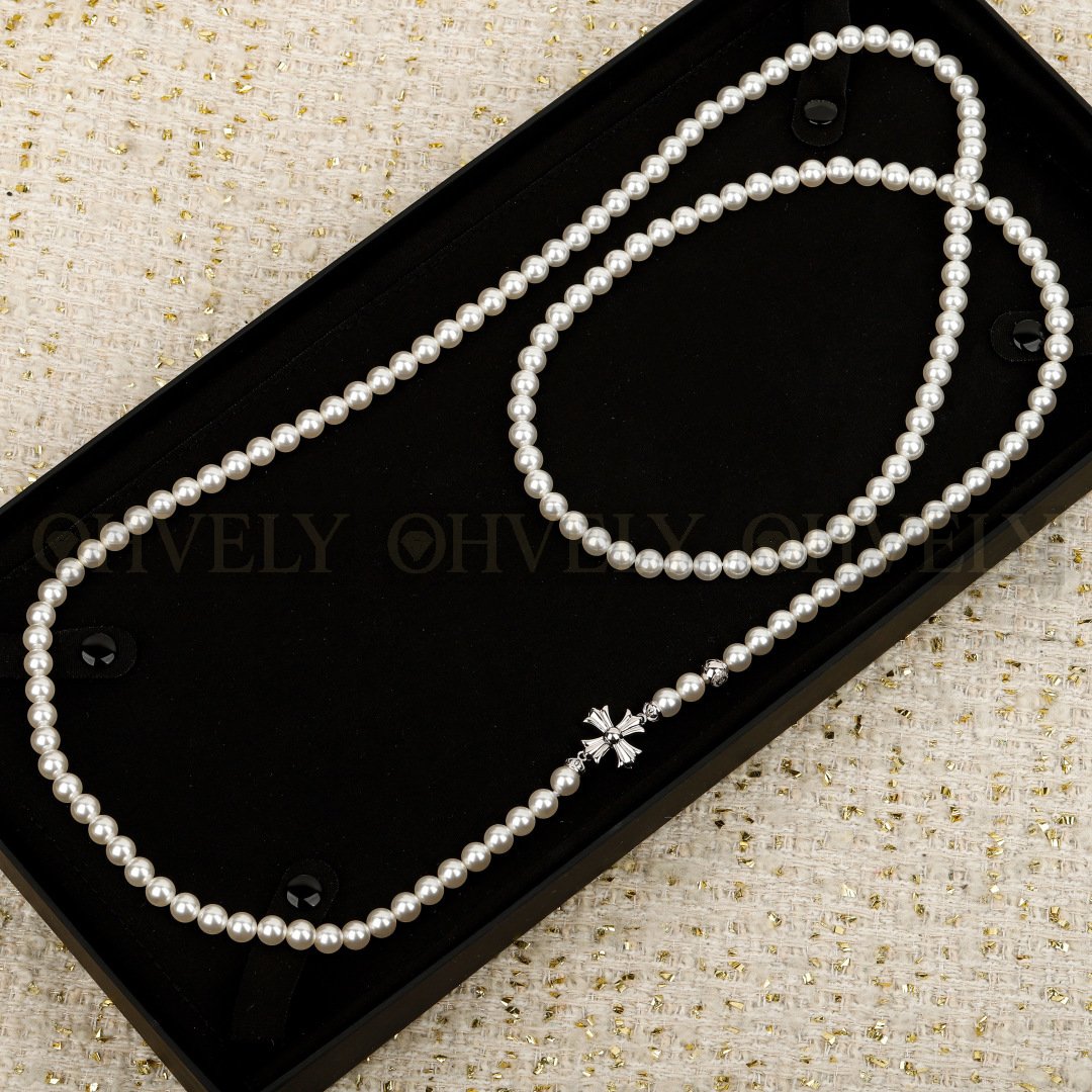 크롬하츠 Mikimoto 진주 십자가 니트 목걸이