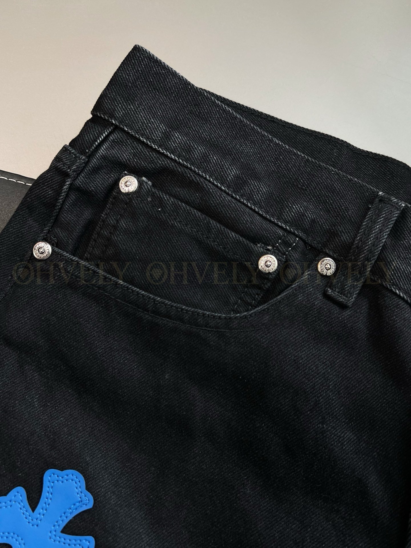 【 ZP버전 】크롬하츠 Chrome Hearts 블루 화이트 크로스 패치 블랙 데님 팬츠 상품 썸네일