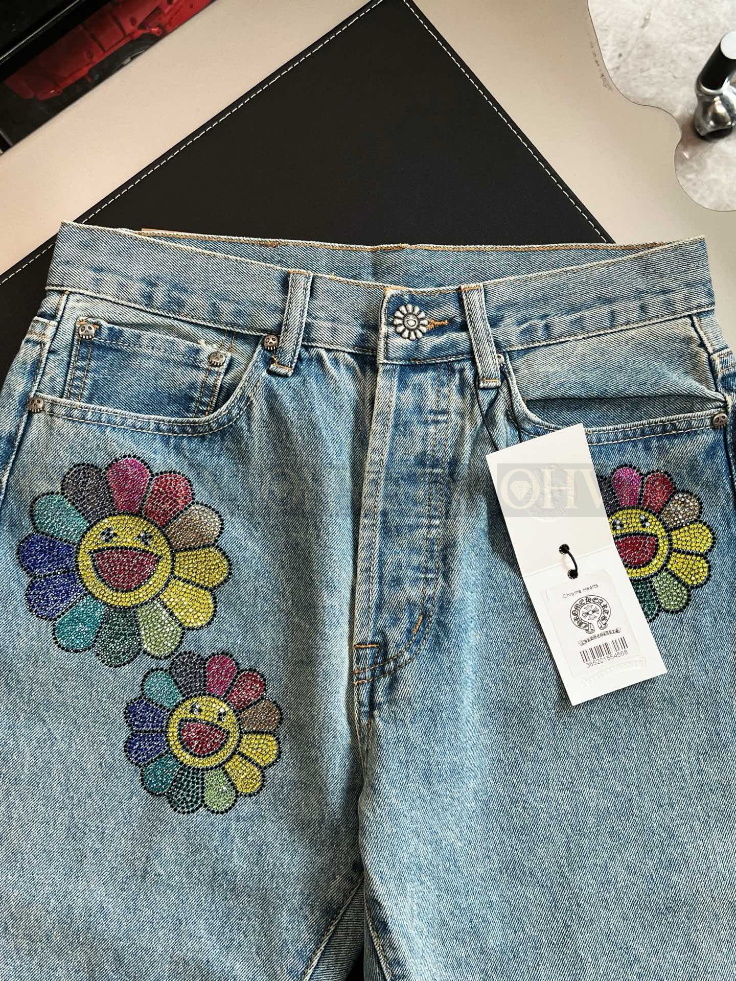 【 ZP버전 】크롬하츠 Chrome Hearts 무라카미 다카시 라인스톤 플라워 빈티지 데님 팬츠 상품 썸네일