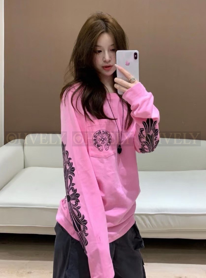 【 ZP버전 】크롬하츠 Chrome Hearts 홍콩 한정 플로럴 크로스 호스슈 롱슬리브 티셔츠 핑크 상품 썸네일