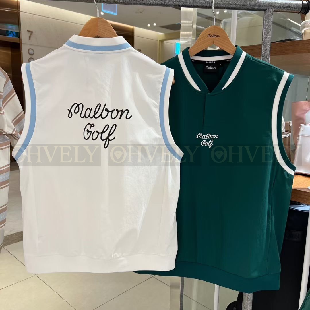 Malbon 말본 남성 스크립트 로고 브이넥 하이넥 디테일 골프 베스트 조끼 (화이트/그린) 상품 썸네일