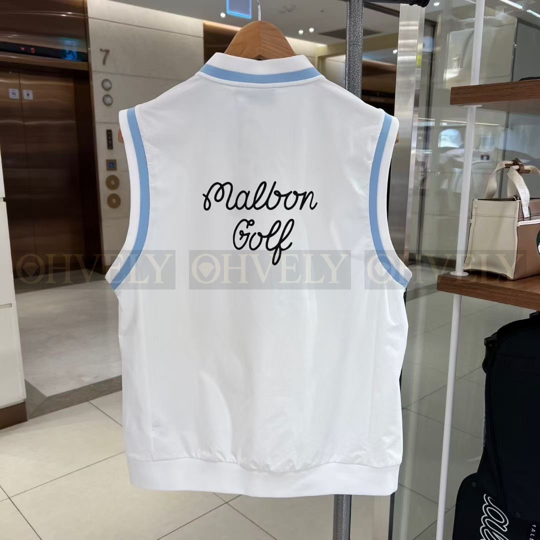 Malbon 말본 남성 스크립트 로고 브이넥 하이넥 디테일 골프 베스트 조끼 (화이트/그린) 상품 썸네일