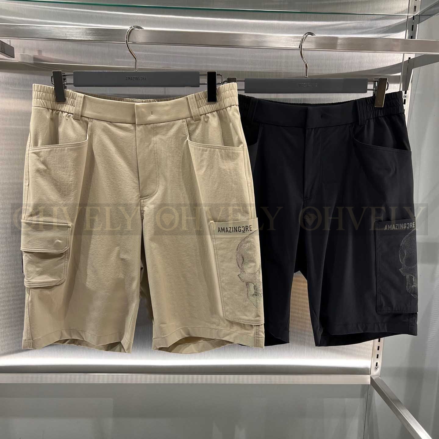 Amazing Cre 어메이징크리 남성 스컬 자수 카고 5부 반바지 숏팬츠 (블랙/카키) 상품 썸네일