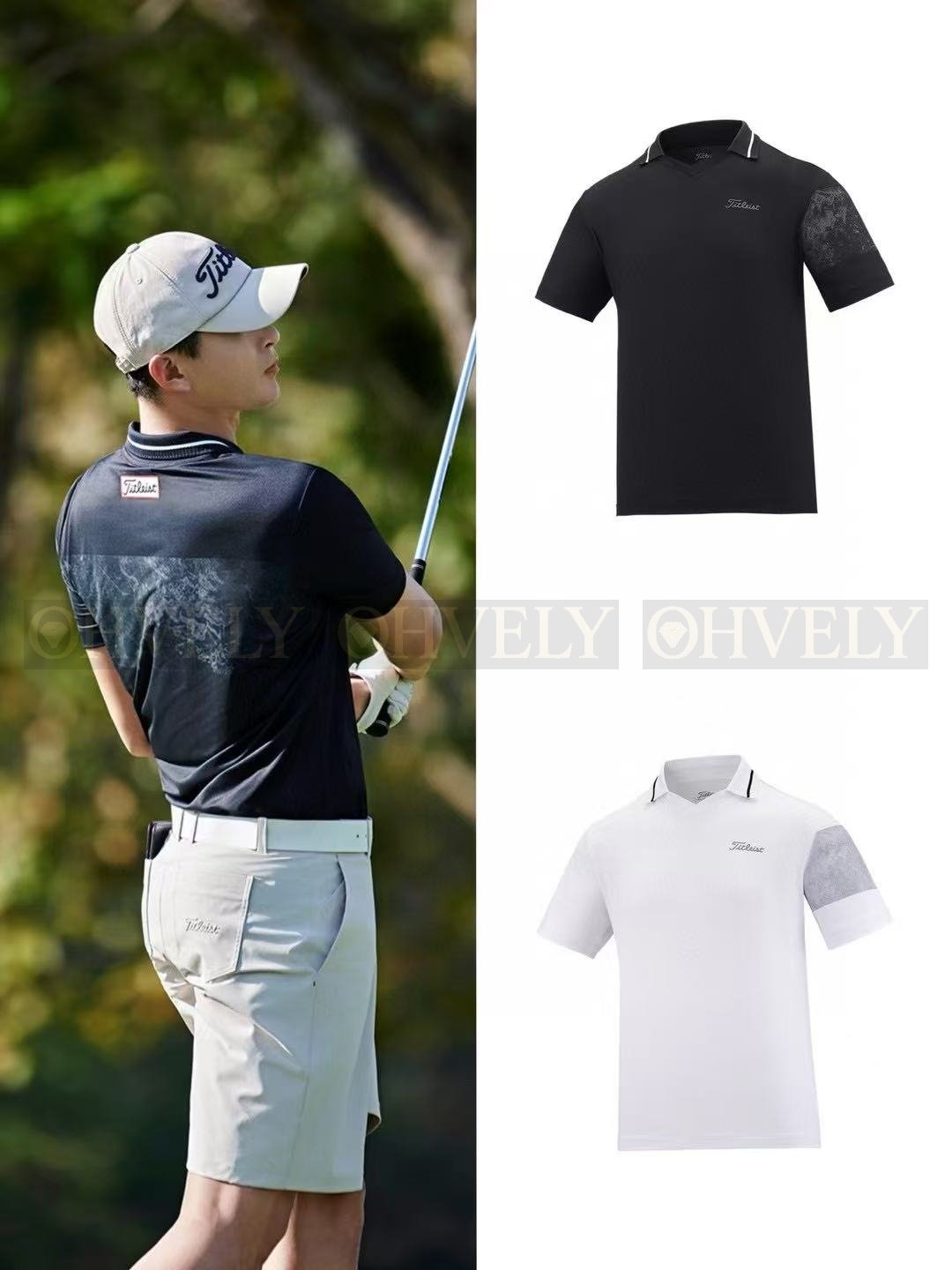 Titleist 타이틀리스트 남성 한쪽 소매 카모 배색 오픈 카라 반소매 티셔츠 (블랙/화이트) 상품 썸네일