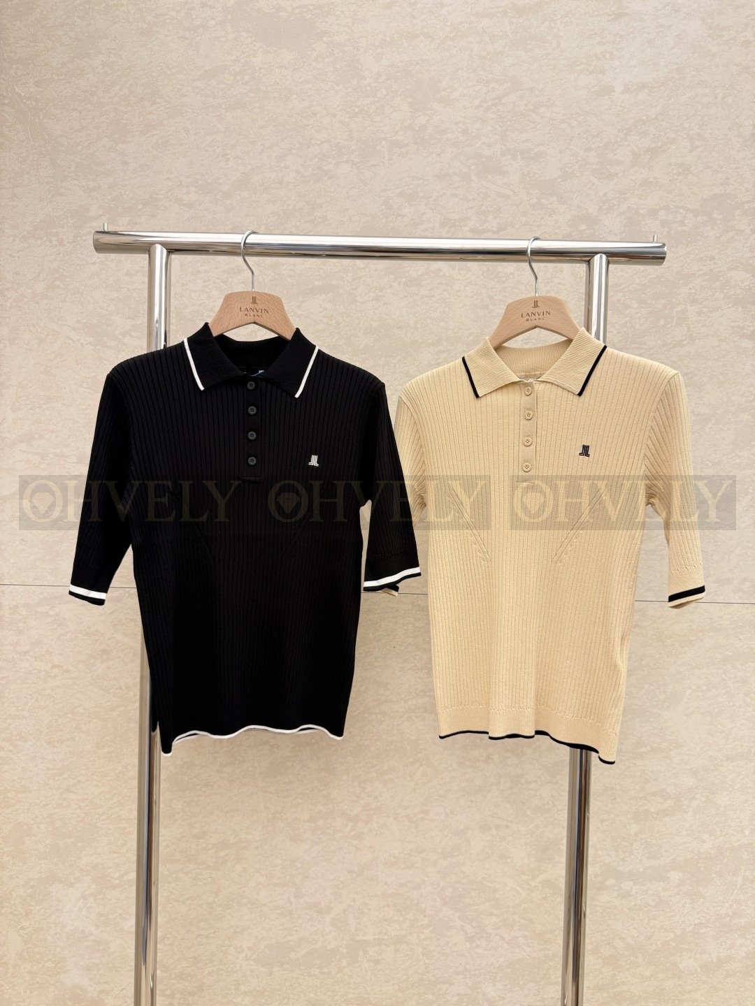 Lanvin_en_Bleu 랑방온블루 여성 골지 반팔 카라 니트 티셔츠 (블랙 / 베이지) 상품 썸네일