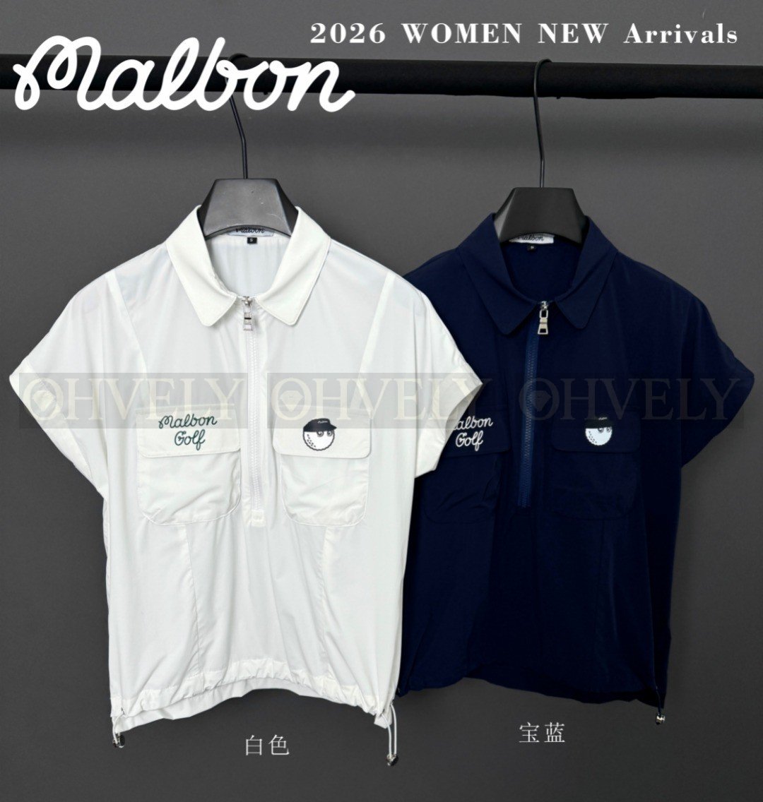 Malbon 말본 여성 포켓 자수 로고 하프 집업 아노락 반소매 바람막이 점퍼 (화이트 / 네이비) 상품 썸네일