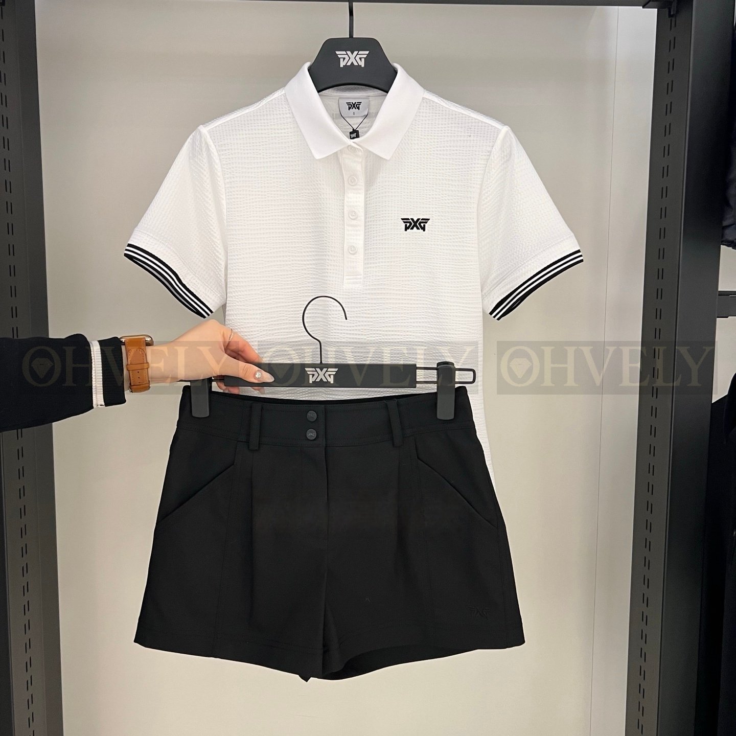 PXG 피엑스지 여성 소매 라인 배색 반소매 카라 티셔츠 (화이트 / 블랙) 상품 썸네일