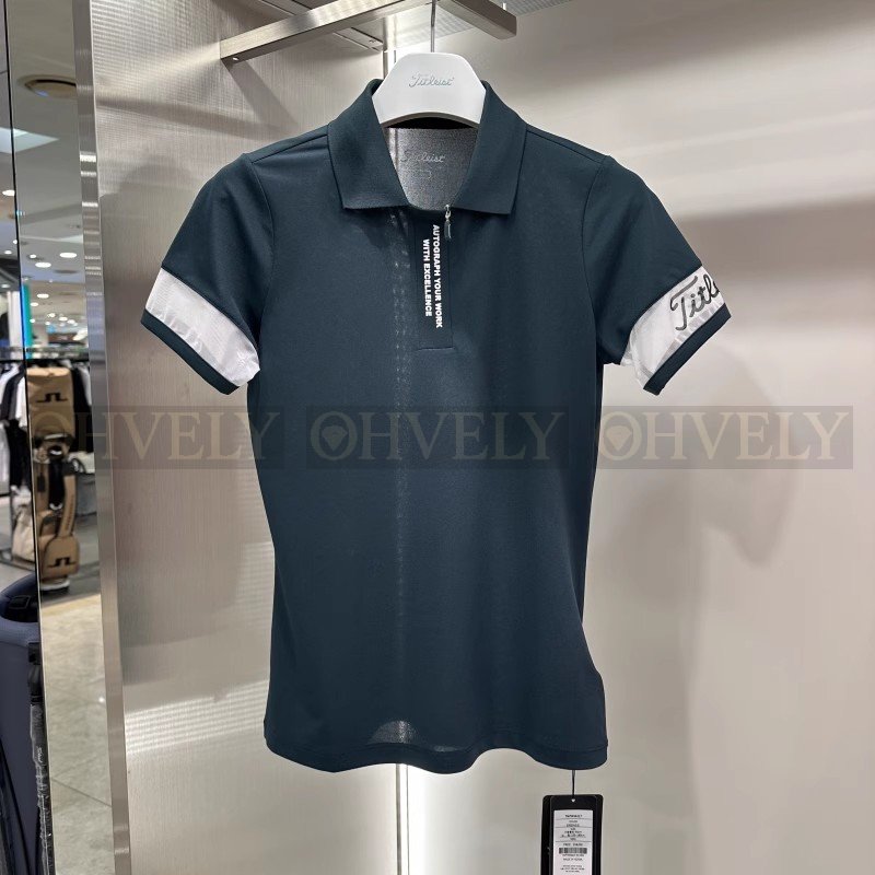 Titleist 타이틀리스트 여성 소매 라인 로고 반소매 하프 집업 카라티 (화이트, 네이비) 상품 썸네일