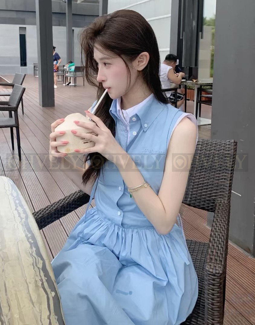 【 ZP버전 】미우미우 블루 사이드 리본 타이 칼라 원피스 상품 썸네일