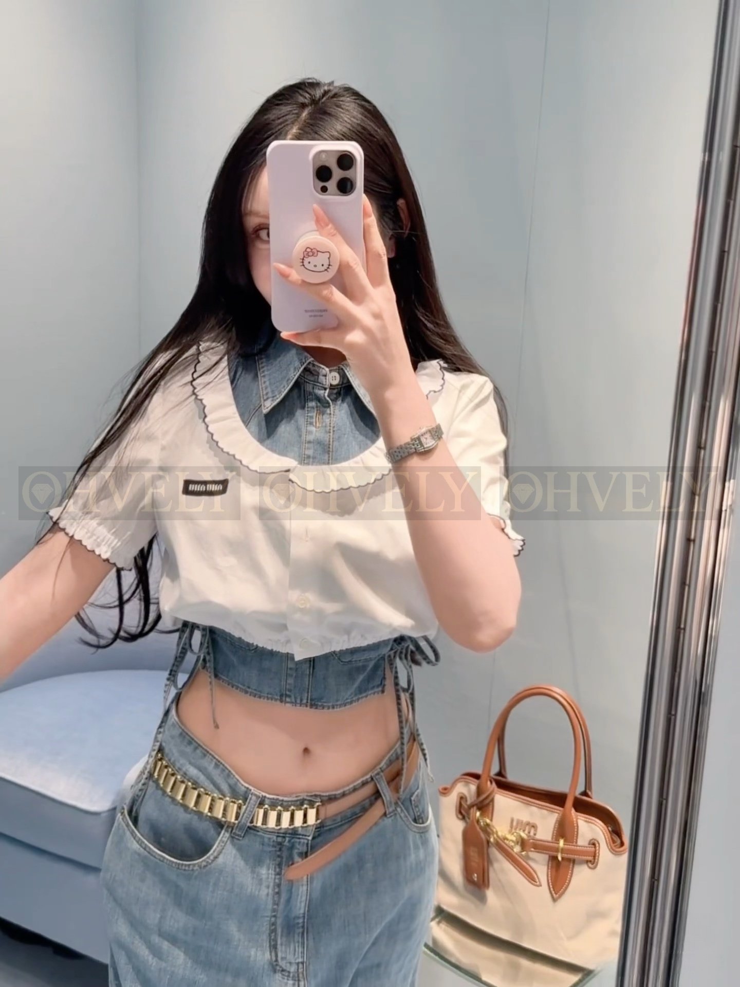 【 ZP버전 】미우미우 레이스 퍼프 슬리브 크롭 셔츠 상품 썸네일