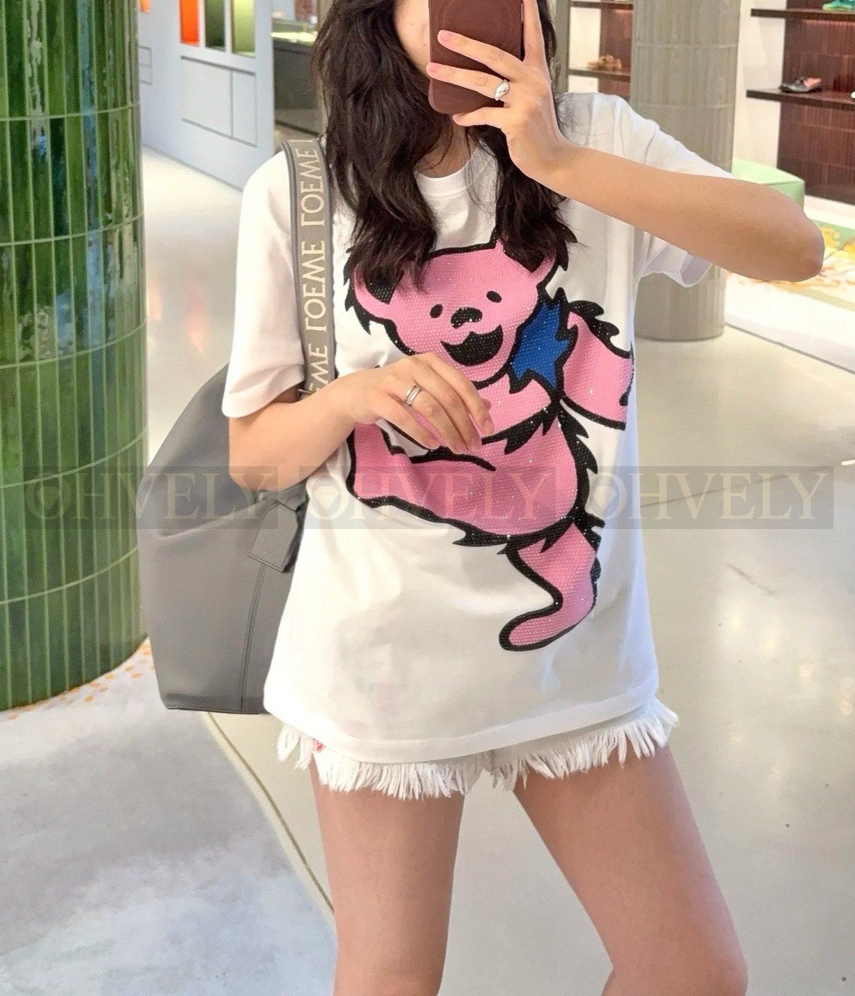 【 ZP버전 】로에베 콜라보 풀 다이아몬드 핑크 베어 반팔 티셔츠 화이트 상품 썸네일