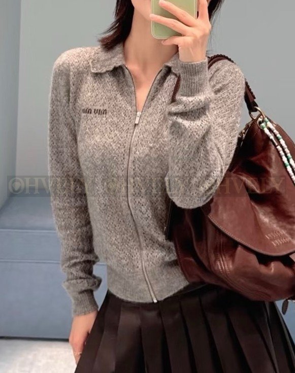 【 ZP버전 】MIU 그레이 펀칭 집업 니트 가디건 상품 썸네일