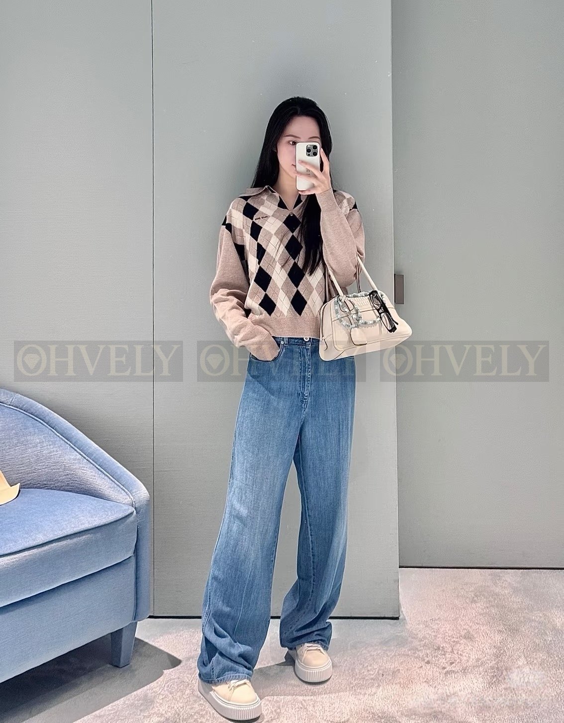 【 ZP버전 】 MIU 빈티지 아가일 하프집업 카라 니트 상품 썸네일